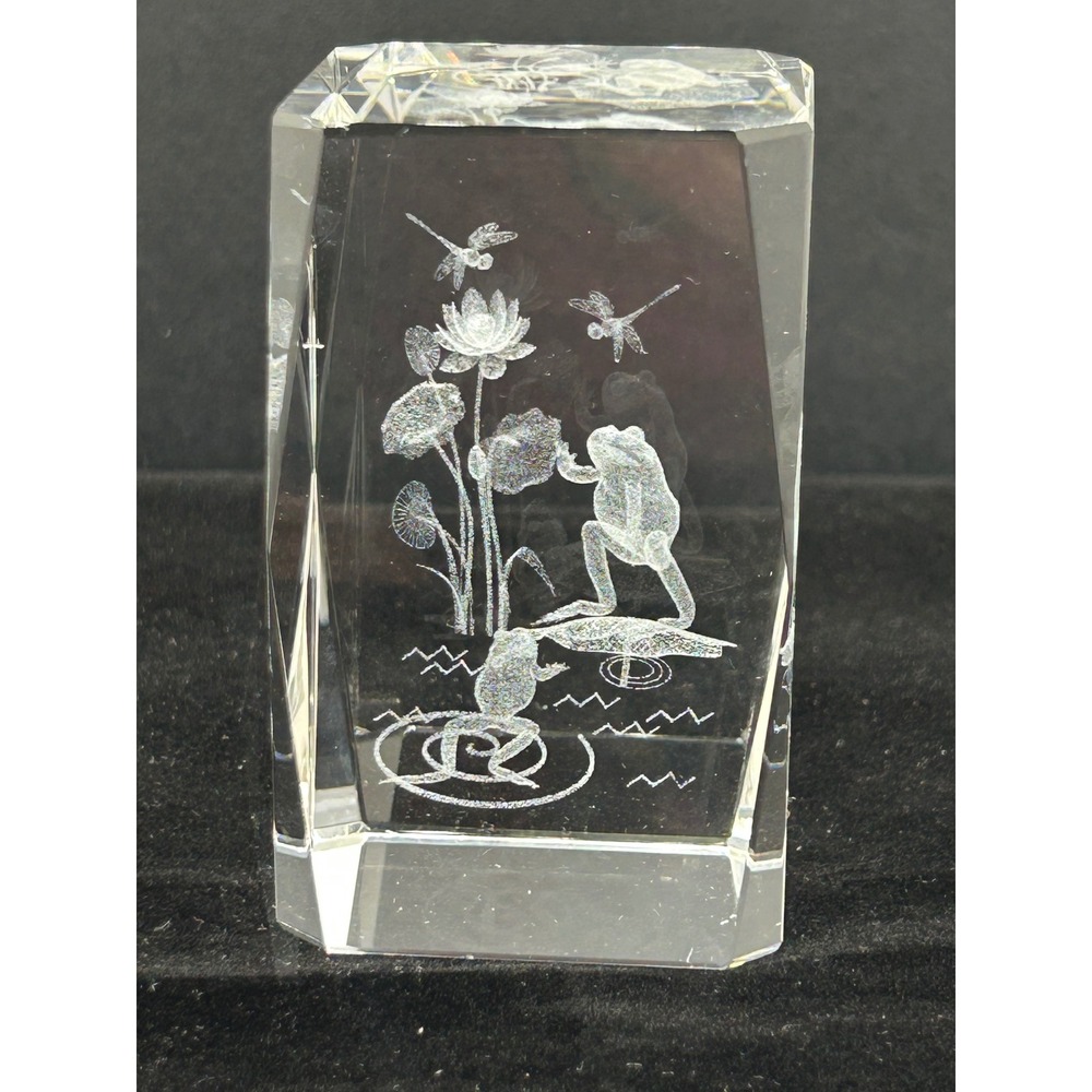 Vintage 3D Laser Etched Crystal Glass Frog Dragonfly Lotus Paperweight Decor